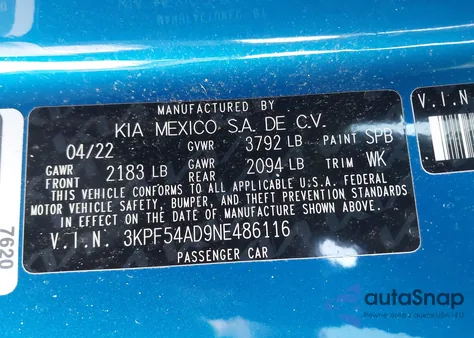 2022 Kia Forte Gt-Line from USA, damaged, VIN 3KPF54AD9NE486116